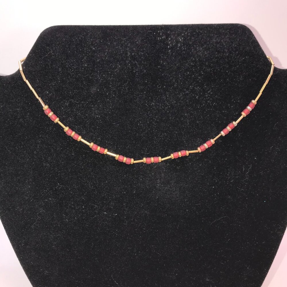 15" Matte Orange Red and Gold Beaded Necklace